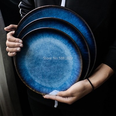 Ceramic Western Style Blue Round Flat Tray Food Steak Dinner