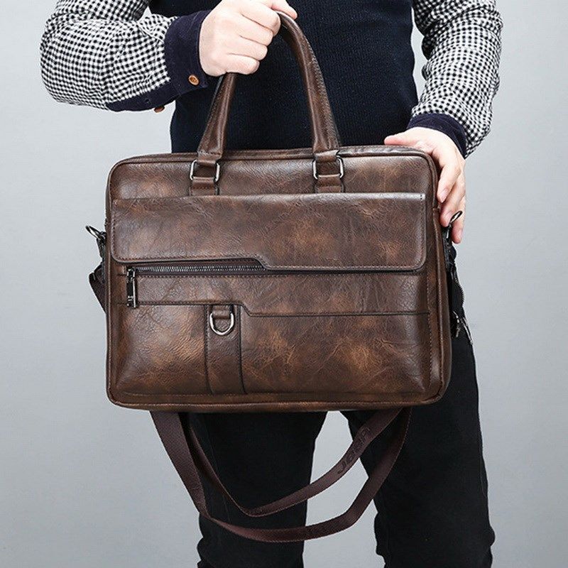 new retro men solid color bag faux leather briefcase large