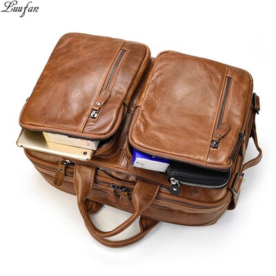 Vintage Men Business Briefcase Bag Multifunction Genuine Le