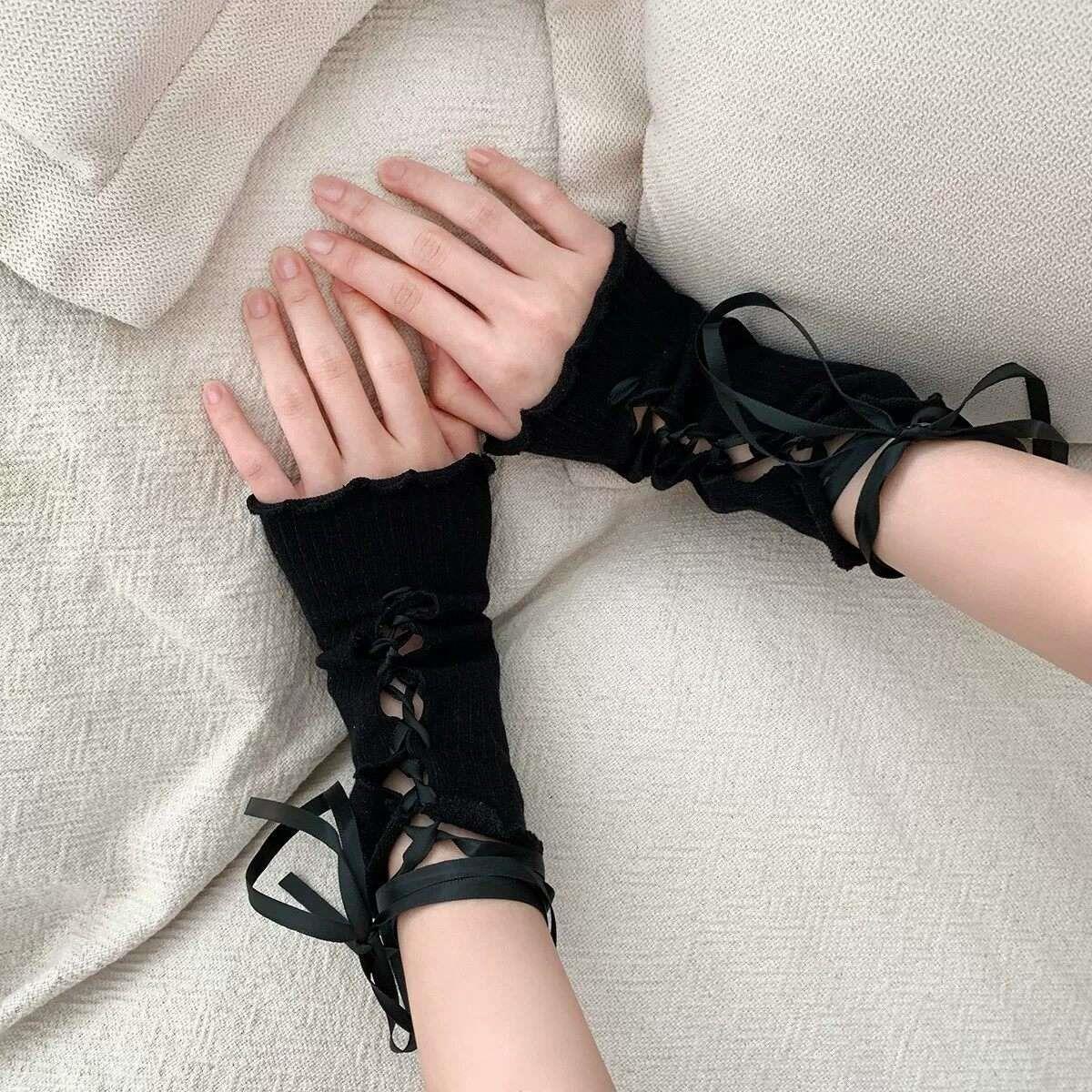 y2k千禧辣妹黑色绑带木耳边袖套女jk交叉设计感朋克万圣节cos手袖