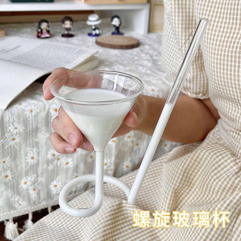 ins风创意搞怪玻璃杯螺旋带吸管杯牛奶喝水杯子家用女咖啡杯酒杯