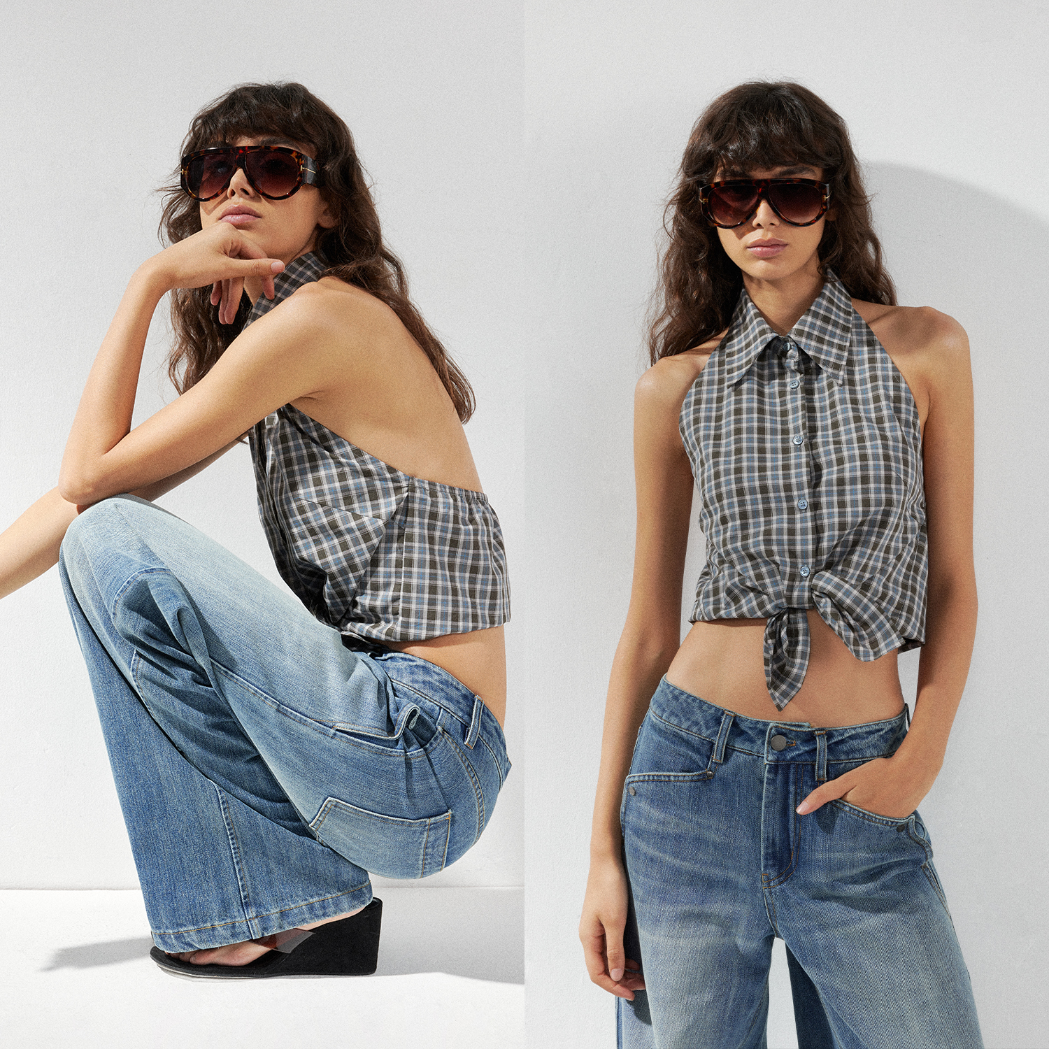 KVKV 格纹露背挂脖翻领衬衫纽扣背心上衣