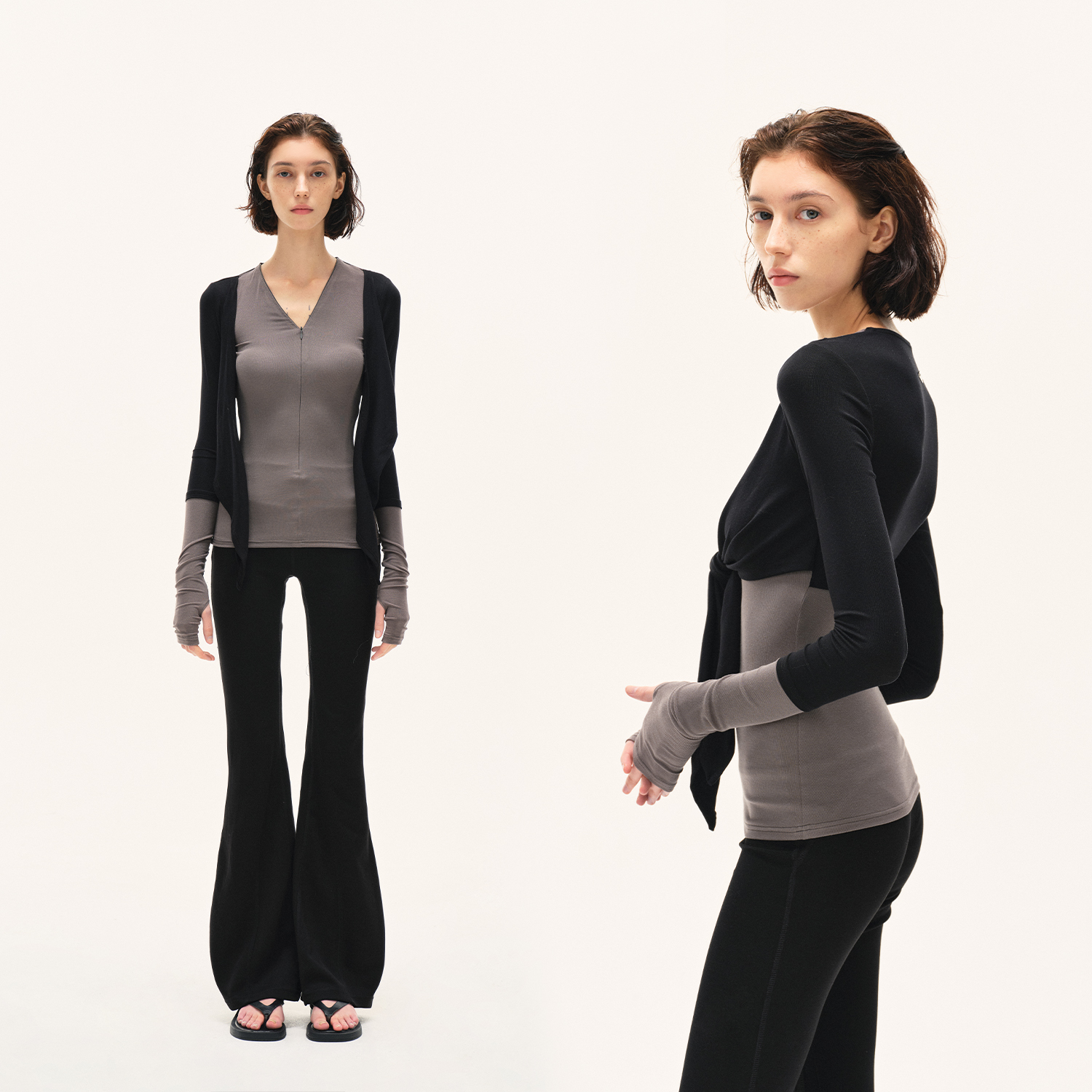 KVKV黑灰假两件拼色弹力修身两穿长袖辣妹性感设计感纯欲亲肤上衣