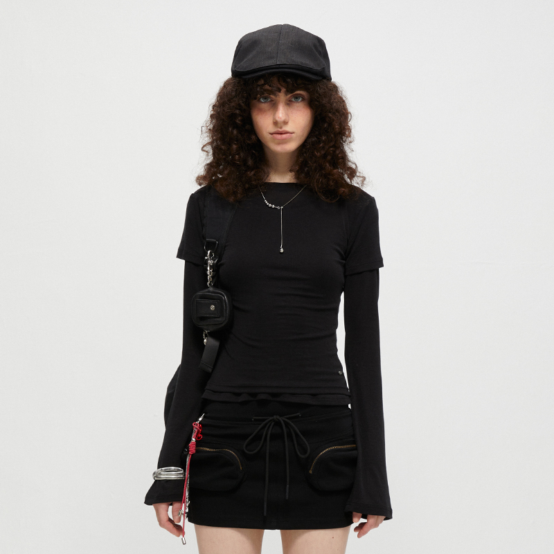 KVKV 真两件长袖两件套 美式复古叠穿轻薄设计感显瘦正肩t恤上衣