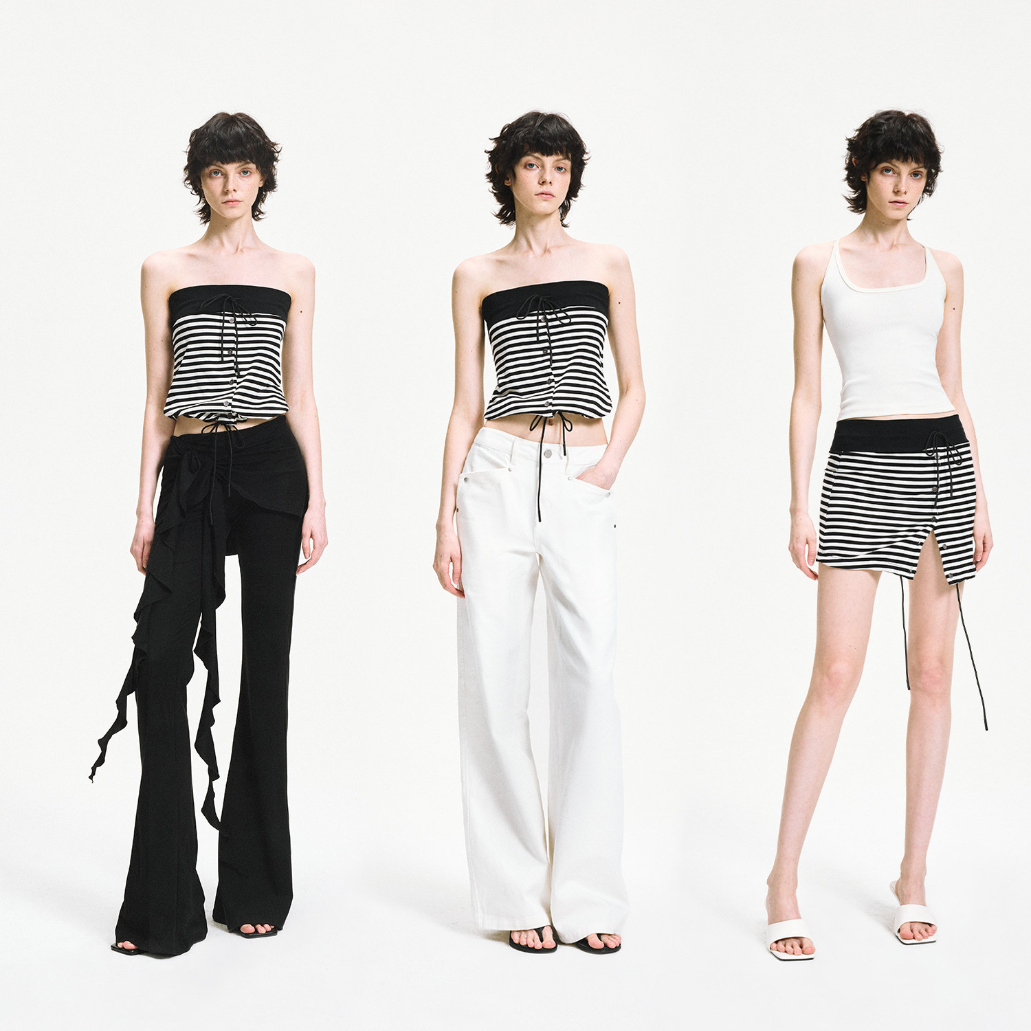 KVKV 黑白条纹两穿拼接抽绳系带抹胸包臀短裙