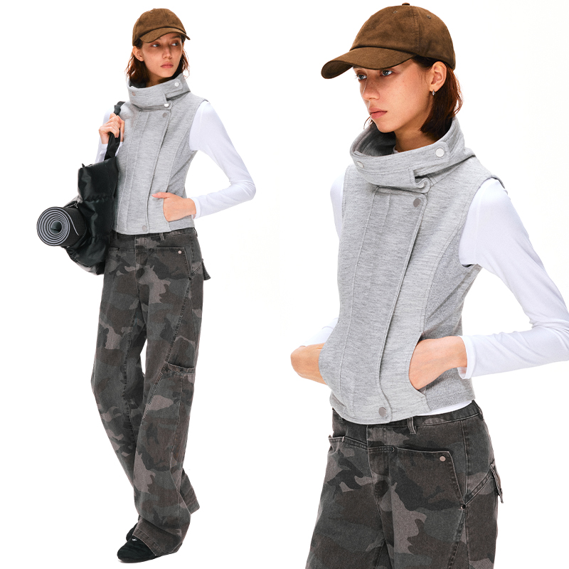 KVKV 派克立领肌理感收腰无袖运动夹克马甲