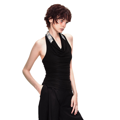 KVKV 格纹荡领挂脖背心 美式复古辣妹修身显瘦美背高级感无袖上衣