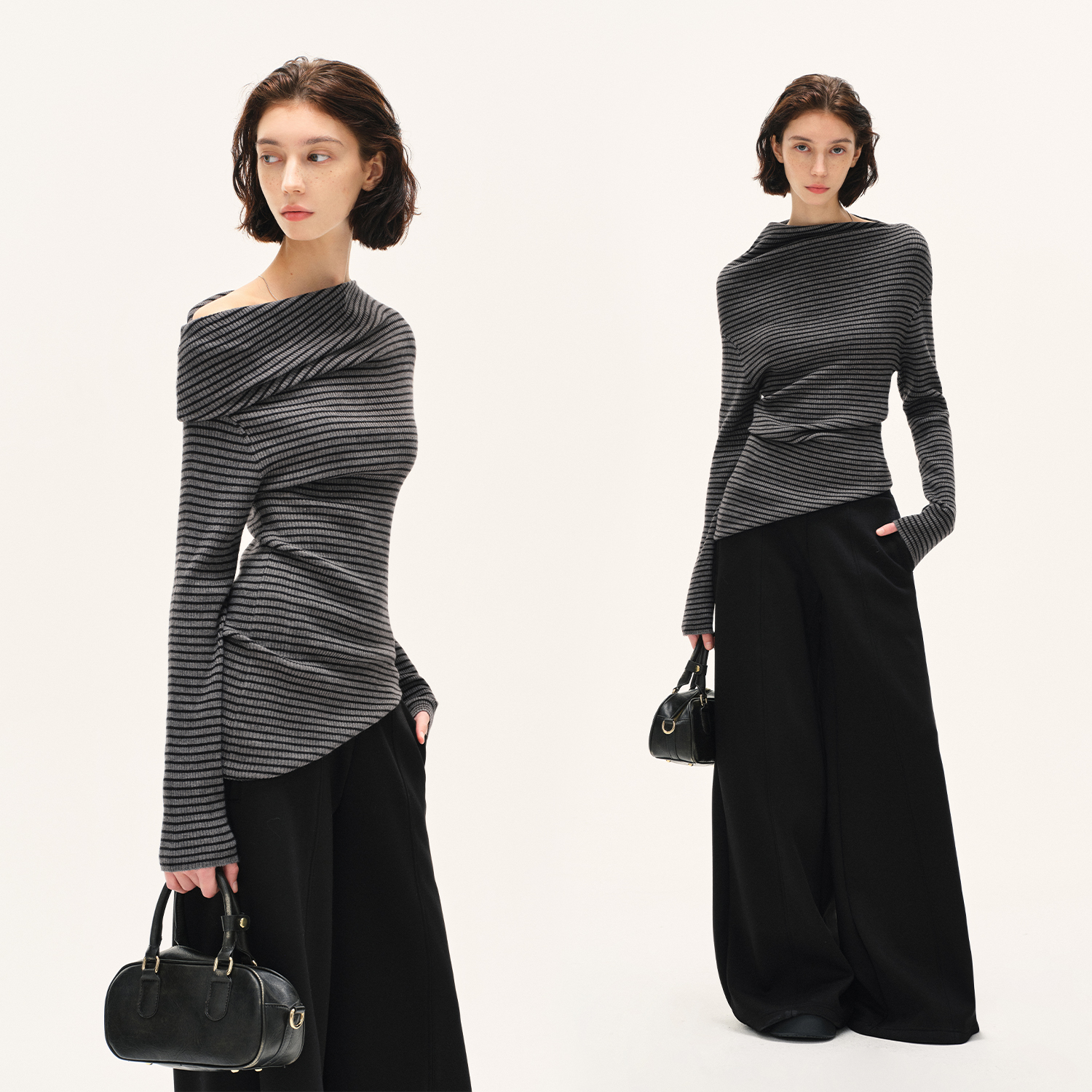 KVKV混纺条纹春秋柔软弹力多穿立体剪裁毛衣针织长袖设计小众