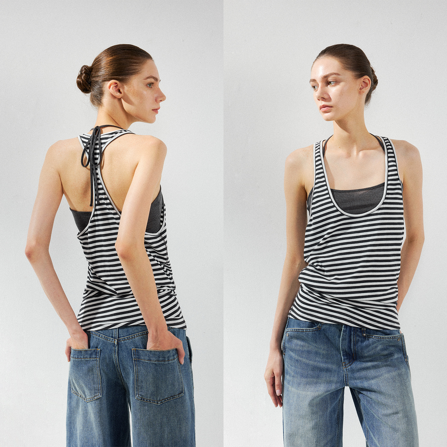 KVKV 条纹真两件撞色叠穿层次感运动瑜伽修身无袖背心