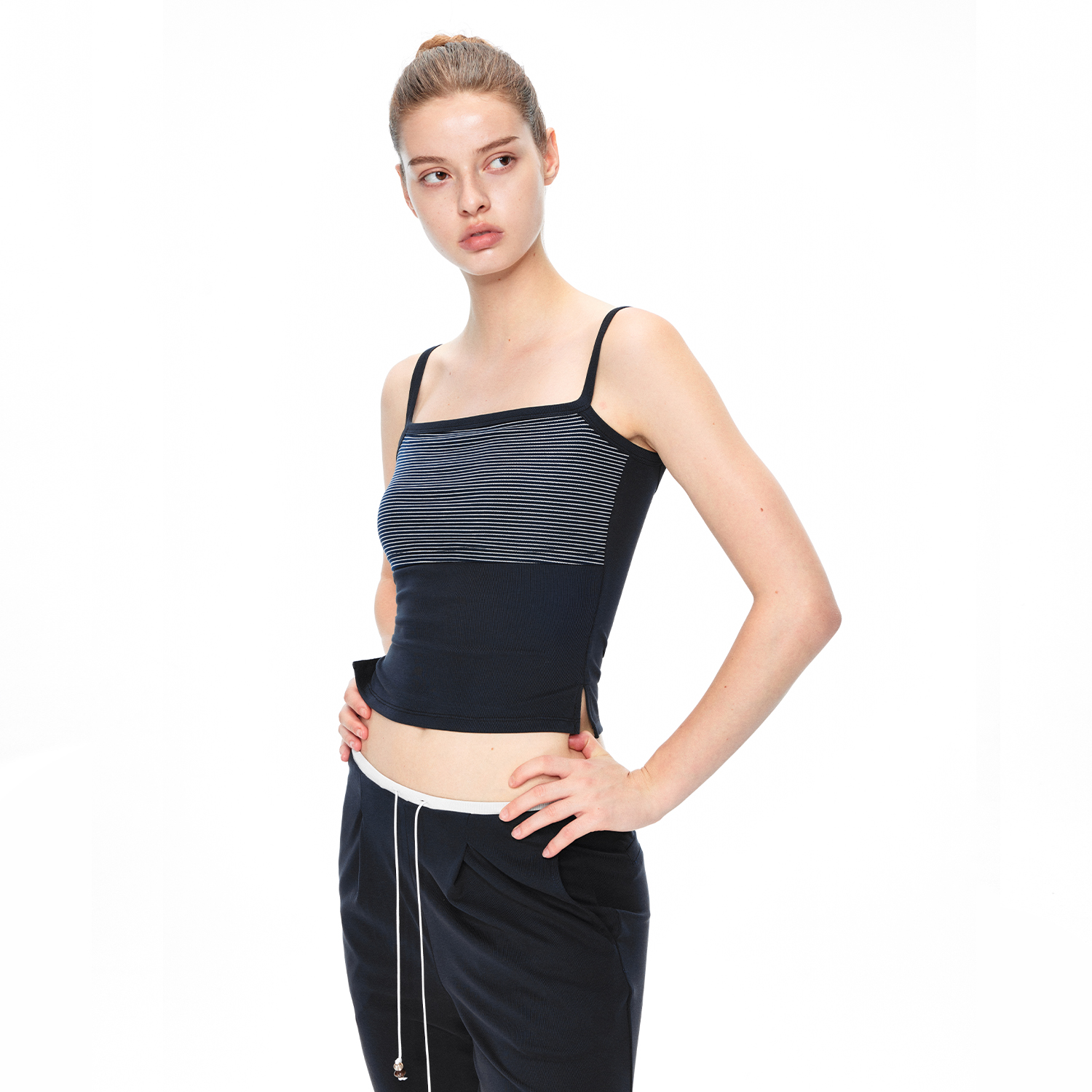 KVKV 条纹拼色肤感多穿一字肩瑜伽运动背心吊带