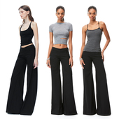 女 KVKV 美式 黑色低腰修身 辣妹复古休闲显瘦阔腿微喇长裤 V型西裤