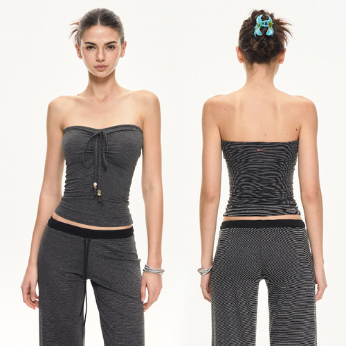 KVKV黑灰条纹抹胸 复古美式性感辣妹内搭外穿修身紧身夏无袖背心