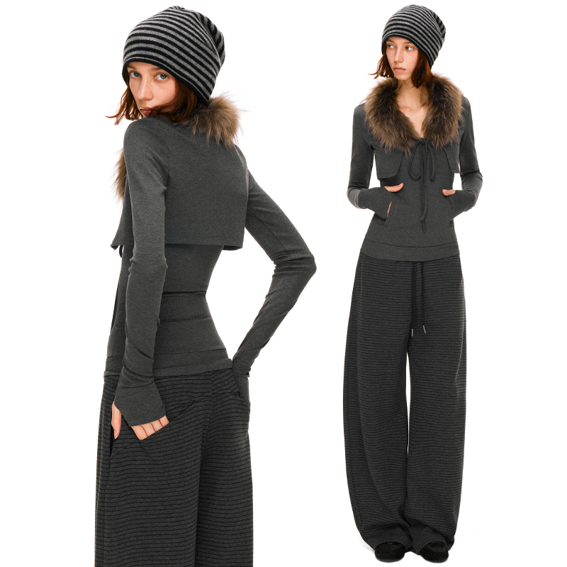 KVKV深灰色修身长袖开衫可拆卸真貉毛领吊带真两件套