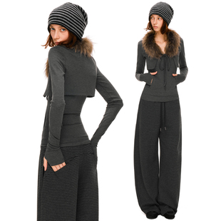 可拆卸真貉毛领吊带真两件套 开衫 KVKV深灰色修身 长袖