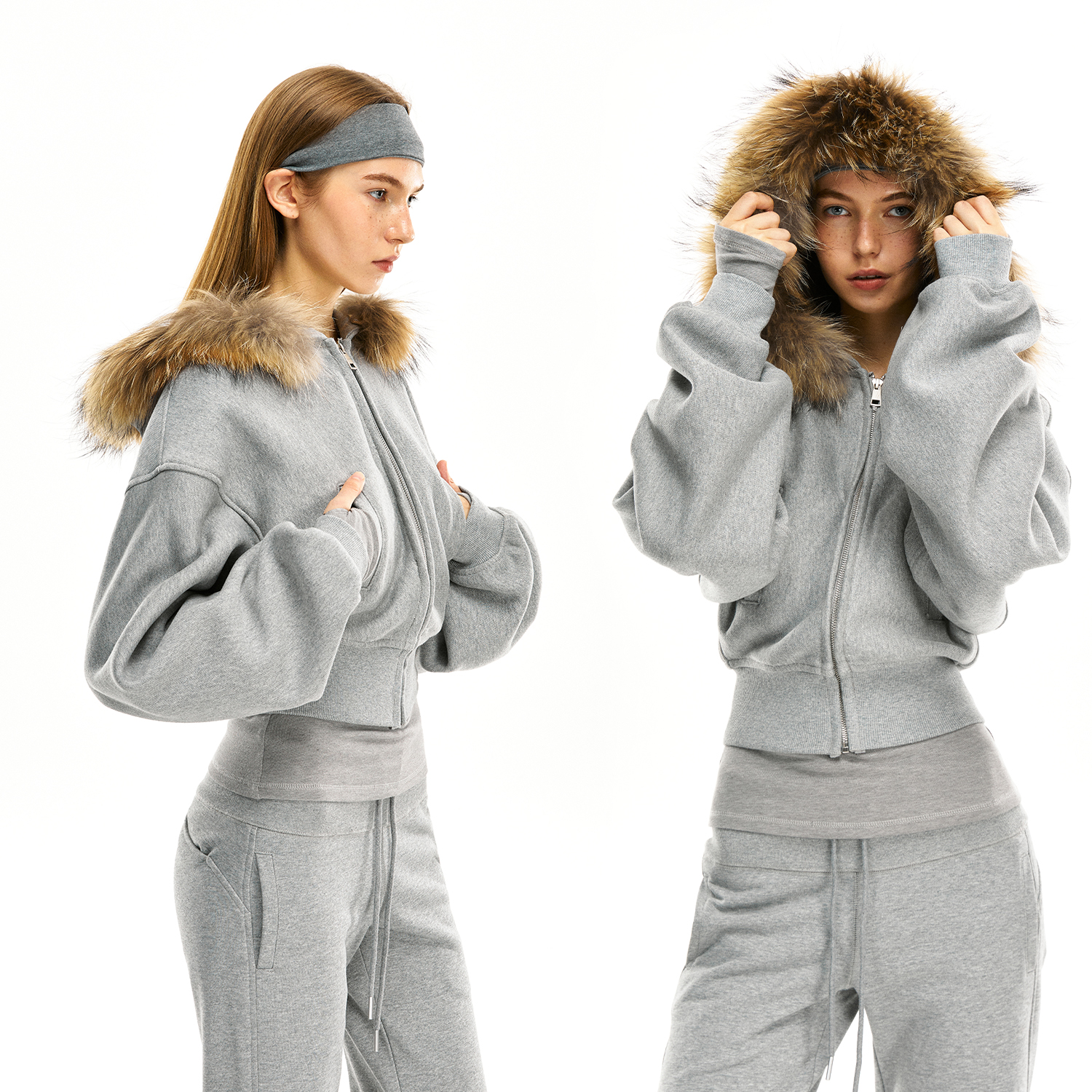 KVKV 灰色真毛领花灰短款拉链连帽衫 美式修身加厚秋冬季卫衣外套