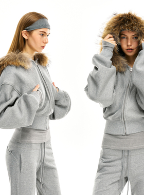 KVKV 灰色真毛领花灰短款拉链连帽衫 美式修身加厚秋冬季卫衣外套