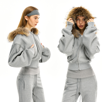 KVKV 灰色真毛领花灰短款拉链连帽衫 美式修身加厚秋冬季卫衣外套