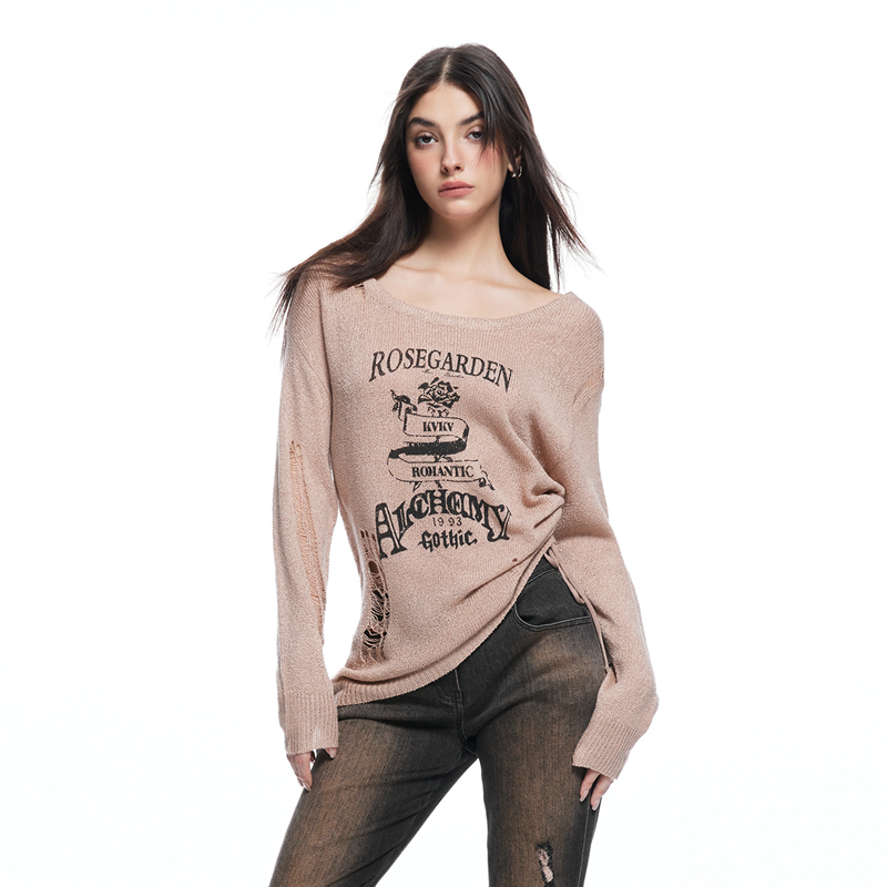 KVKV套头圆领一字肩复古印花毛衣