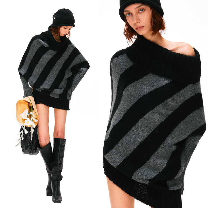 KVKV 羊毛马海毛复古蝙蝠袖两穿斜肩黑灰条纹毛衣