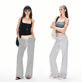 KVKVV型腰头抽绳条纹长裤 子 复古低腰慵懒直筒宽松慵懒风休闲裤