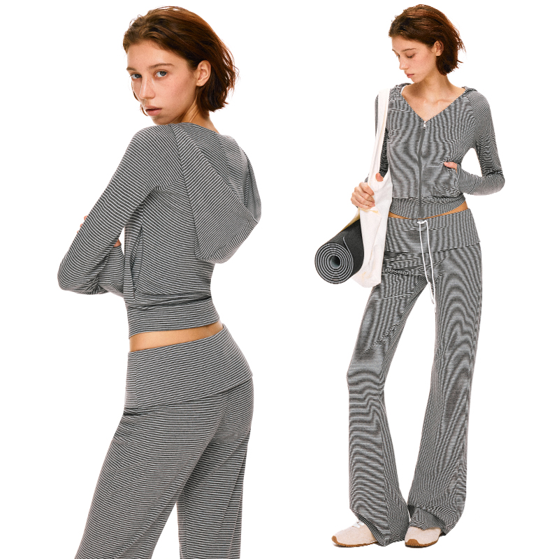 KVKV 灰色条纹V领修身连帽运动瑜伽拉链长袖帽衫外套卫衣