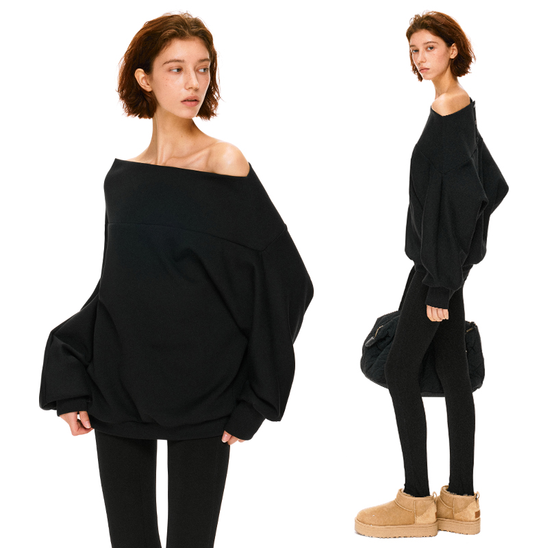 KVKV 黑色空气棉大廓形斜肩纽扣长袖卫衣