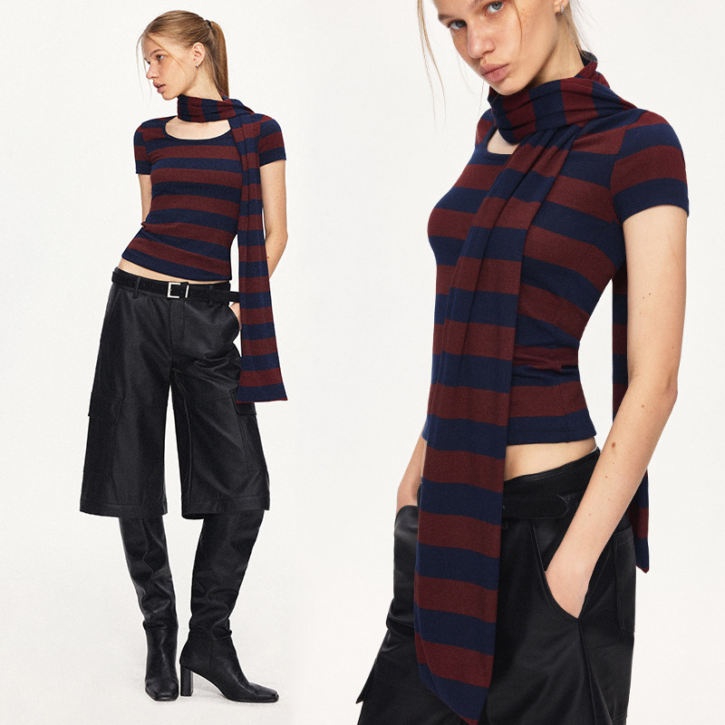 KVKV 复古蓝红拼色宽条纹收腰短袖针织围巾两件套,女装/女士精品,T恤,淘宝优惠券,粉丝福利购,淘宝优惠卷
