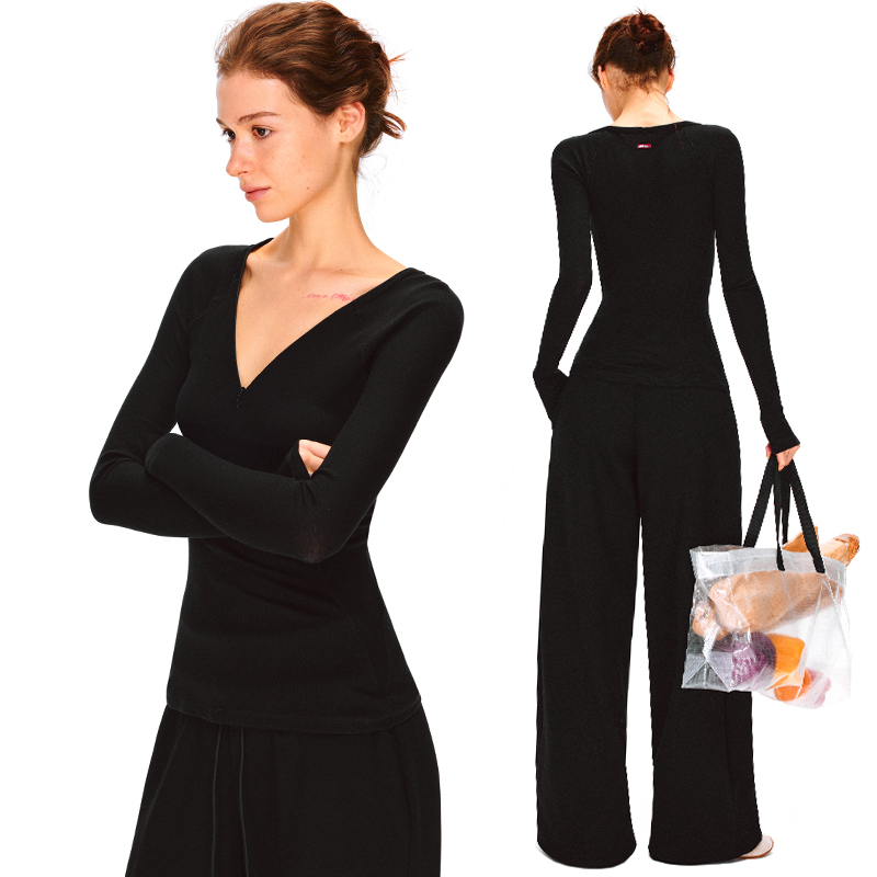 KVKV 黑色插肩修身结构可调节拉链运动瑜伽长袖上衣