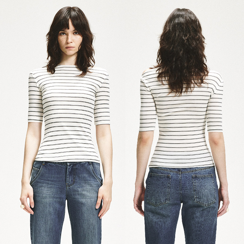 KVKV条纹弹力修身中袖上衣 美式夏季休闲五分袖短袖t恤