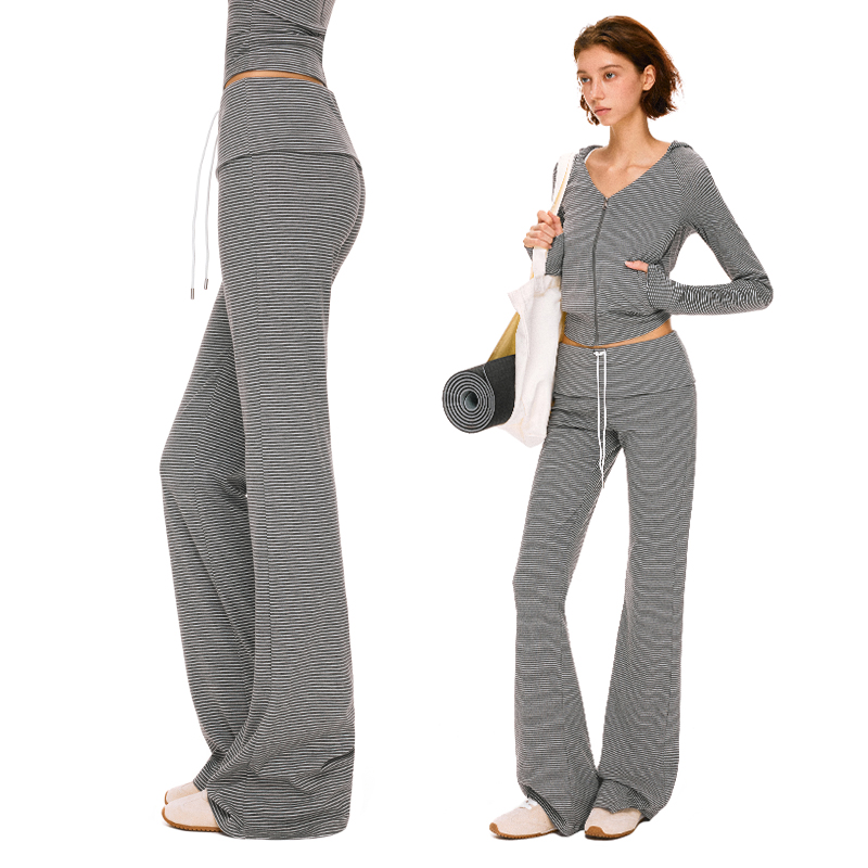 KVKV灰色肤感条纹翻腰运动瑜伽抽绳修身运动长裤卫裤