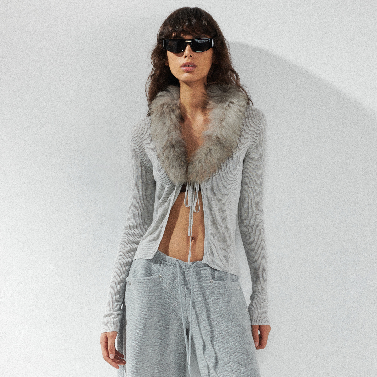 KVKV灰色毛织可拆卸毛领绑带开衫长袖上衣 小众高级设计感外套女