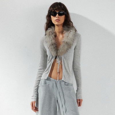 KVKV灰色毛织可拆卸毛领绑带开衫长袖上衣 小众高级设计感外套女