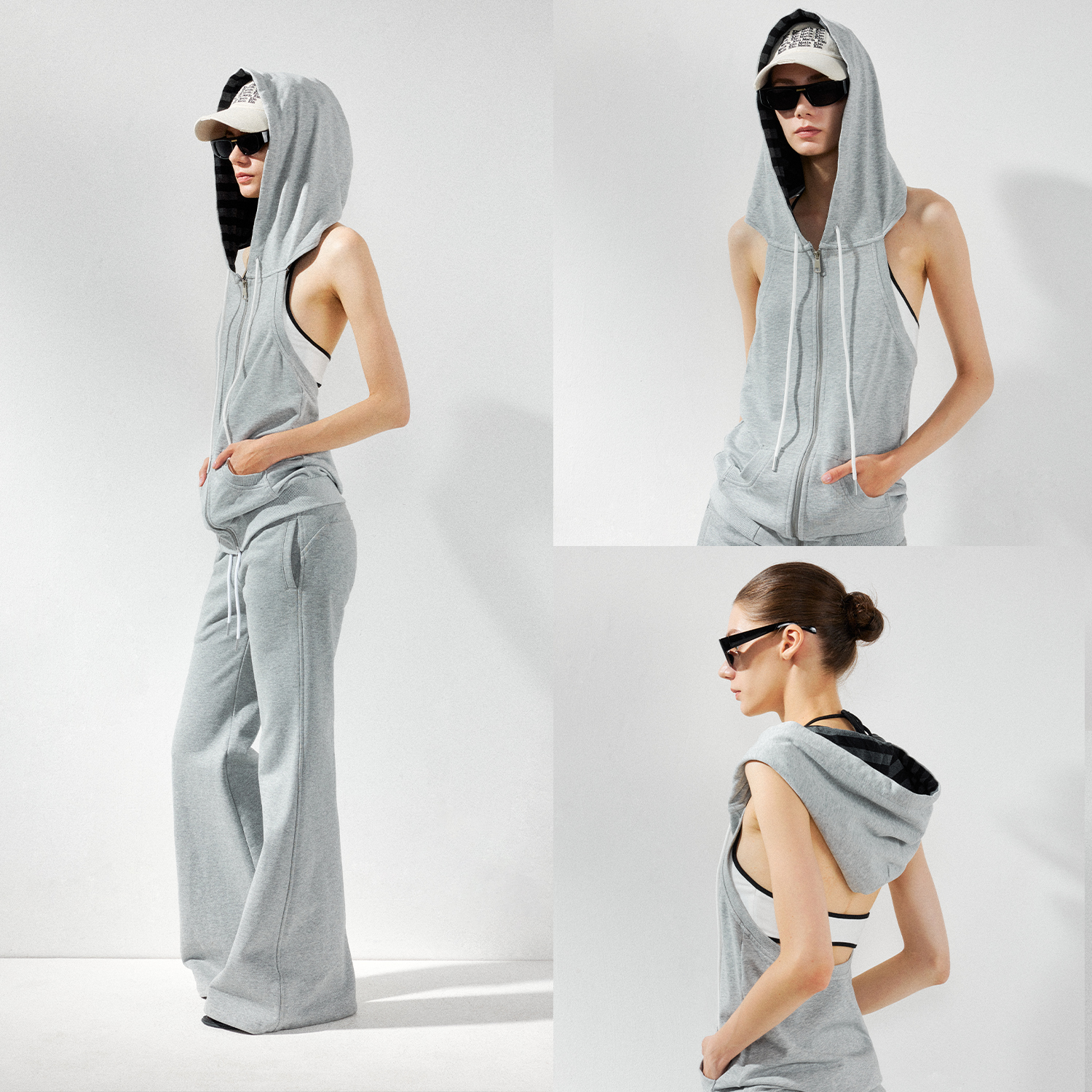 KVKV 罗纹插袋无袖连帽拉链工字背心卫衣