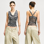 复古美式 KVKV 双荡领斑马纹收腰网纱背心 高级设计感辣妹吊带上衣