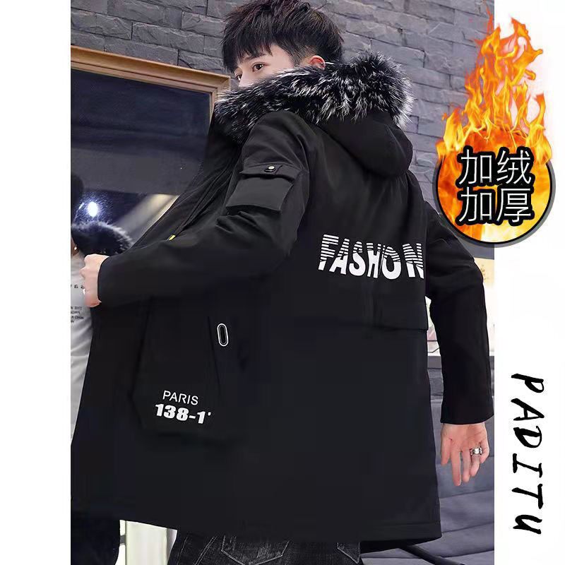 [얇고 두툼한] 남성용 면패딩 코트 미디기장 코트 학생용 면패딩 자켓에 벨벳과 도톰한 느낌을 더한 청소년 슬림핏 패셔너블한 면패딩 코트