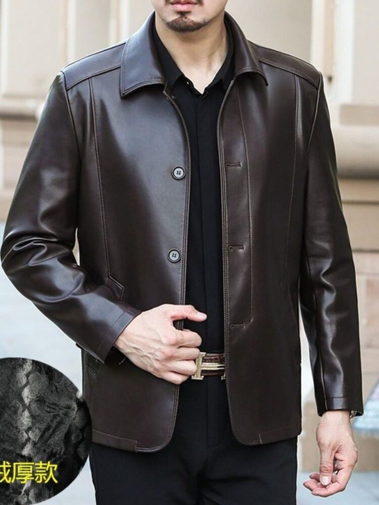 남성용 새 가죽 자켓 패셔너블한 가죽 봄 가을 얇은 코트 중년 아빠 복장 라펠이 달린 대형 가죽 자켓 우아함