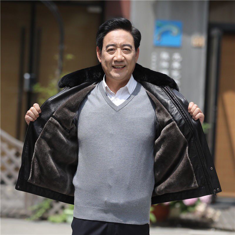 남성용 겨울 벨벳 두꺼운 중년 가죽 자켓 헐렁한 대형 가죽 자켓 중년 및 노인 아빠의 모피 칼라 가죽 자켓