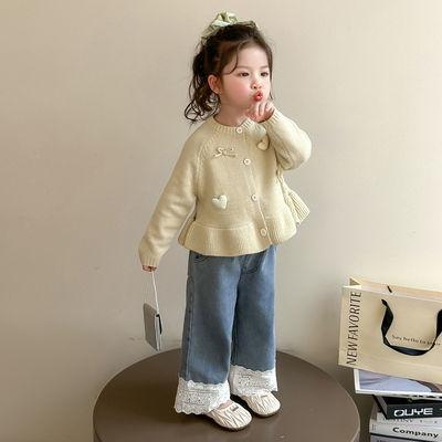 针织开衫小外套韩范甜美秋天精致软糯新款简约流行潮童小女生拼色
