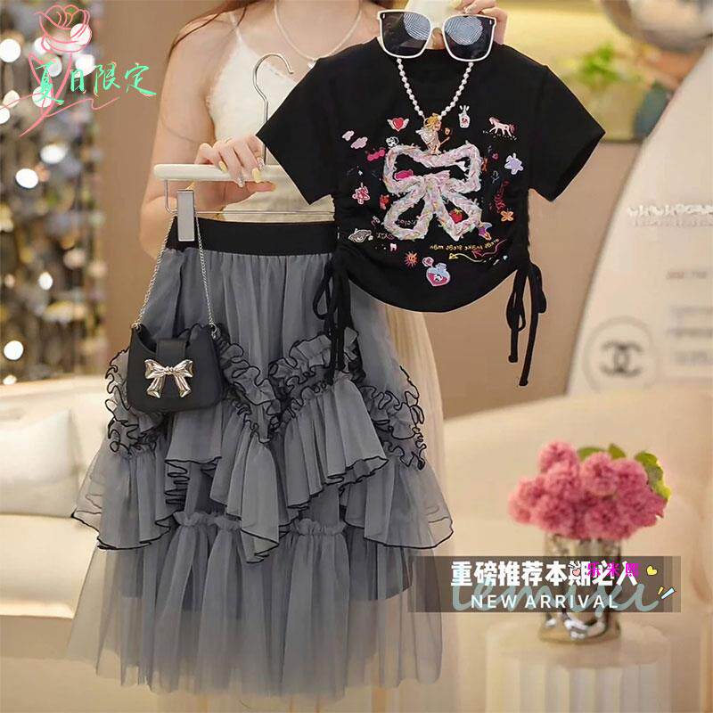 女童短袖半身裙套装2025夏款甜美T恤蝴蝶结卡通收腰上衣蛋糕纱裙8