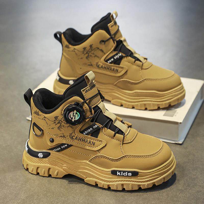 男童鞋子马丁靴春秋2025新款儿童防滑旋转纽扣皮靴中大童加绒靴子