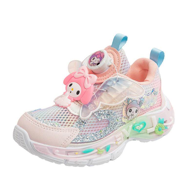 女童运动鞋发光库洛米公主美乐蒂亮灯扭扭鞋旋转纽扣翅膀春夏透网