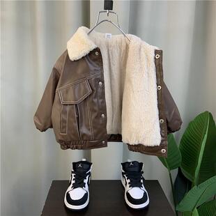 男童皮衣2023新款酷帅宝宝冬季加绒棉衣服男孩儿童秋冬装加厚外套