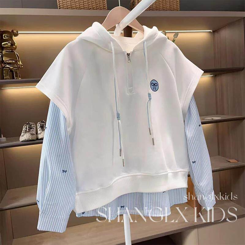 女童卫衣春装2025新款假两件条纹上衣韩版女孩洋气连帽春秋超好看