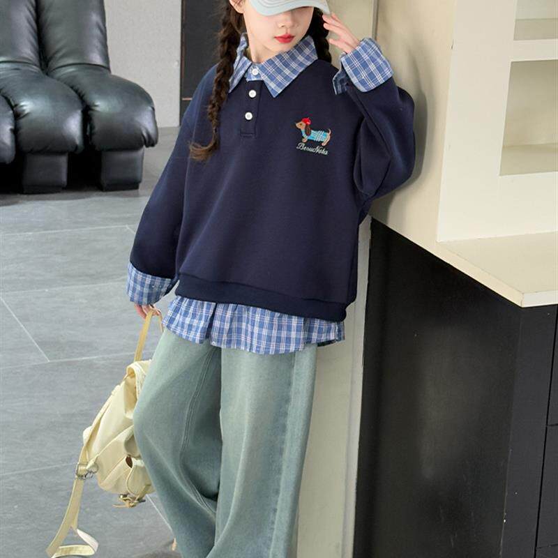 女大童秋装卫衣套装2025新款初中生女孩假两件polo衫牛仔裤两件套