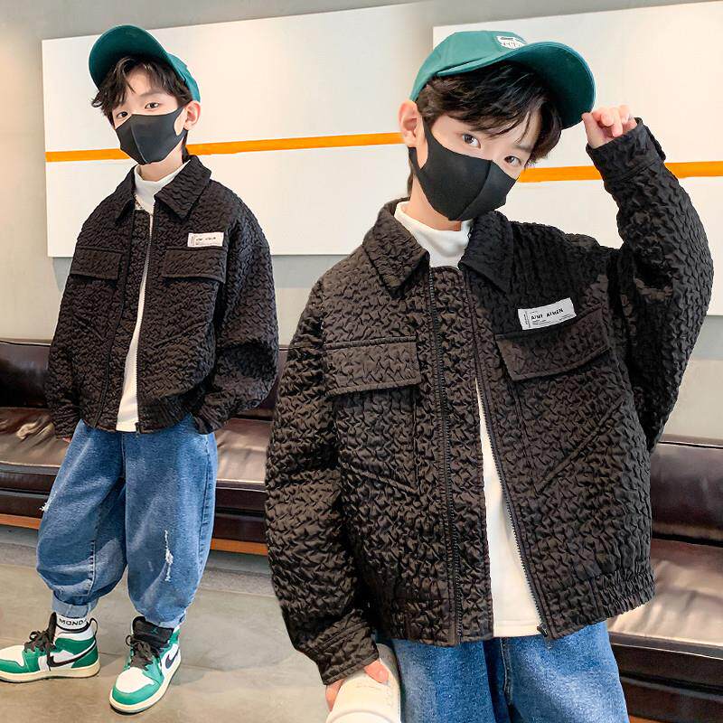 男童外套春秋冬刺绣儿童夹克2023新款纯色简约棒球服中大童衣服潮
