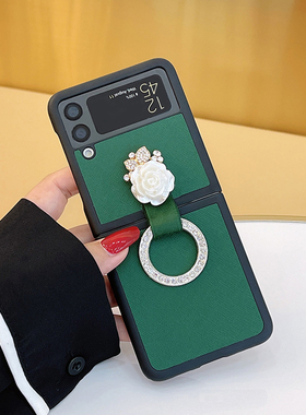 奢华适用于三星Zflip4手机壳时尚气质复古绿色Galaxy ZFlip3指环防摔保护套f7110韩风水钻石女神zflip5G女潮