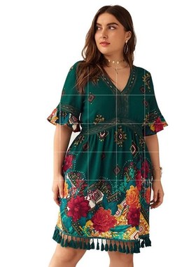 fat lady beach dress women summer dress 肥婆装波西米亚连衣裙