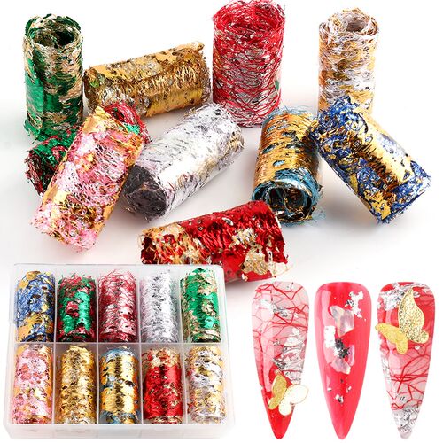 10 Rolls 3D Mesh Nail Art Stickers Gold Silver Aluminum Foi