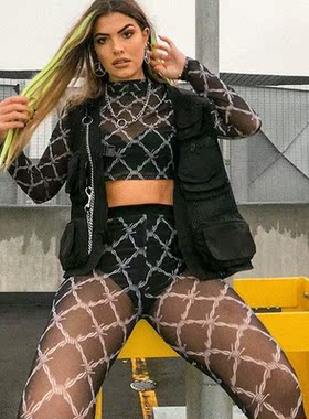 19 printed dark wind mesh hollow long-sleeved T-shirt长袖T恤