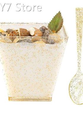 50Pack Square Small Dessert Cups-4oz Disposable Gold Glitter